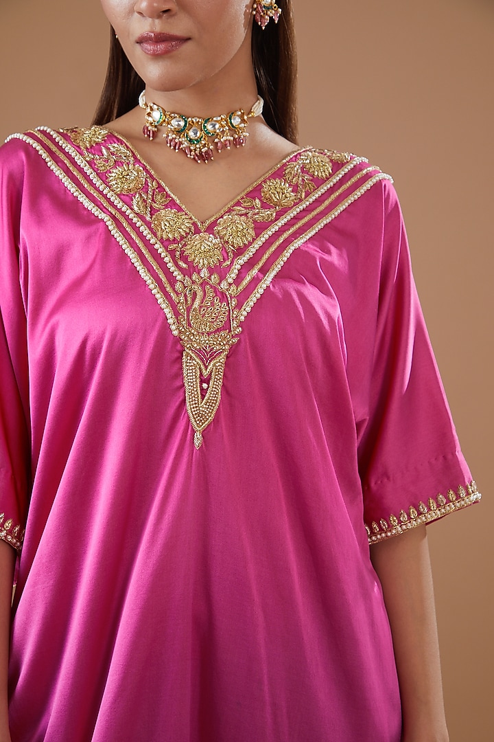Pink Satin Zardosi Hand Embroidered Kaftan kurta Set by Radhika Nandwani at Pernia's Pop Up Shop