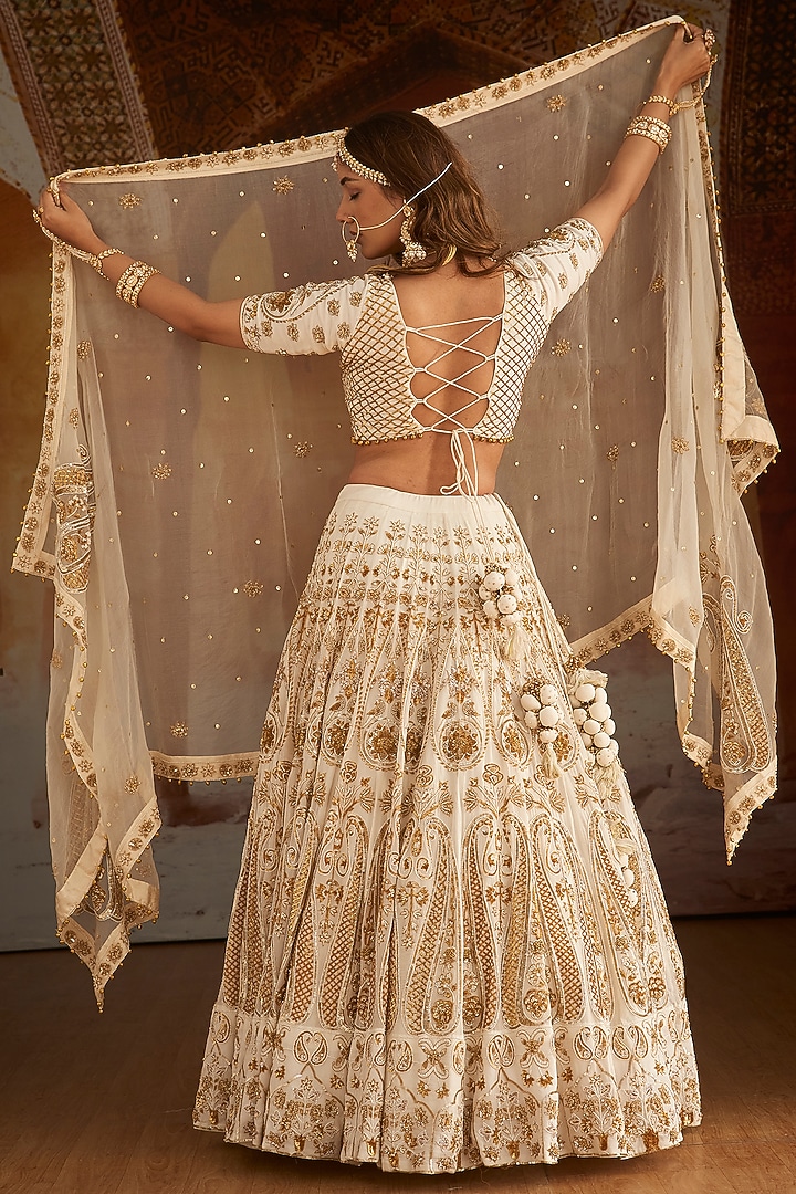 White Georgette Zardosi Embroidered Bridal Lehenga Set by Radhika Nandwani at Pernia's Pop Up Shop