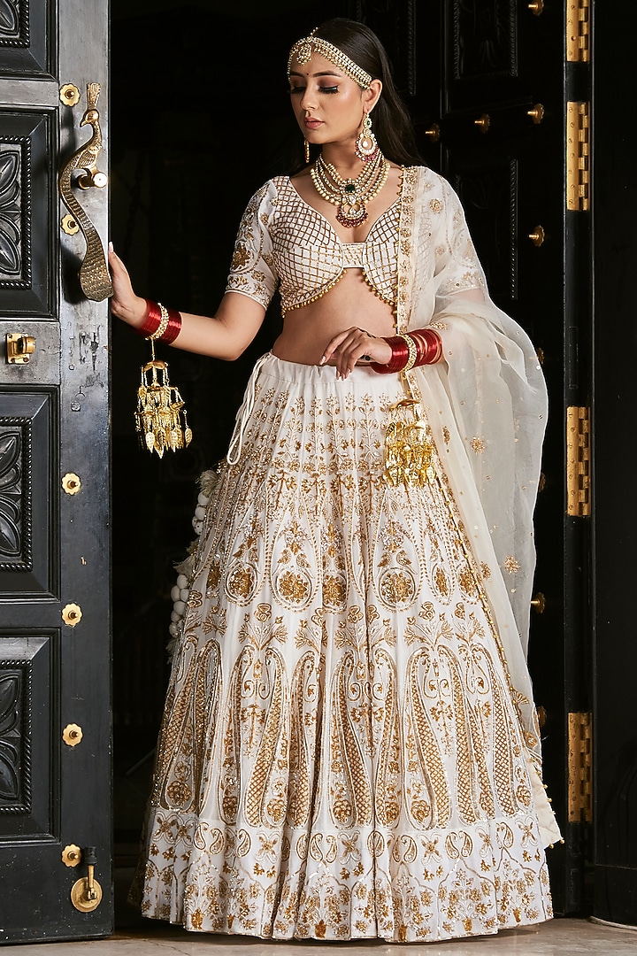 White Georgette Zardosi Embroidered Bridal Lehenga Set by Radhika Nandwani at Pernia's Pop Up Shop