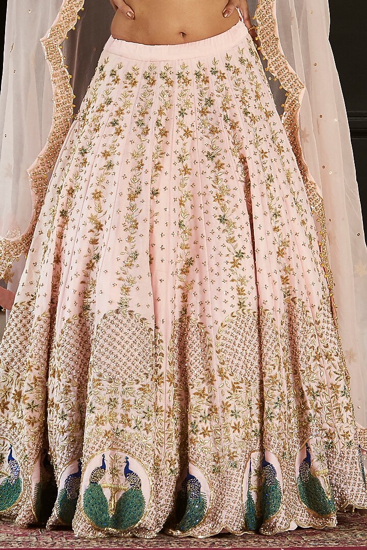 Light Pink Chanderi Silk Zardosi Embroidered Bridal Lehenga Set by Radhika Nandwani at Pernia's Pop Up Shop