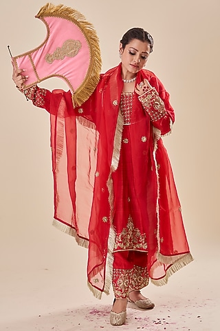 Red Pure Raw Silk Zardosi Hand Embroidered Kurta Set by Radhika Nandwani