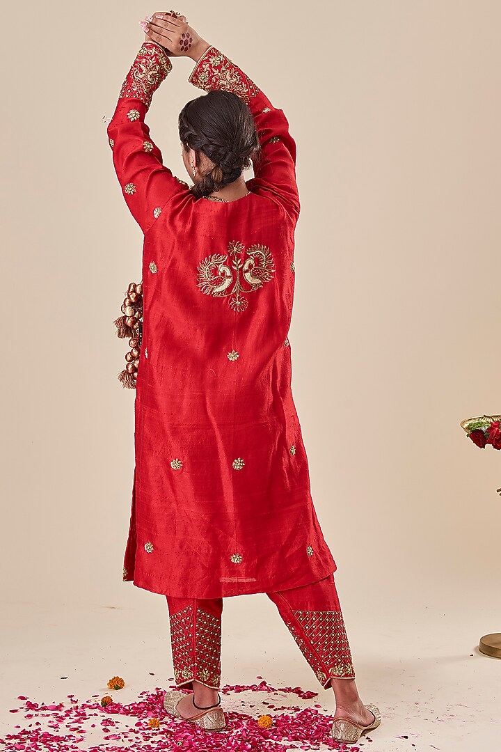 Red Pure Raw Silk Zardosi Hand Embroidered Kurta Set by Radhika Nandwani at Pernia's Pop Up Shop