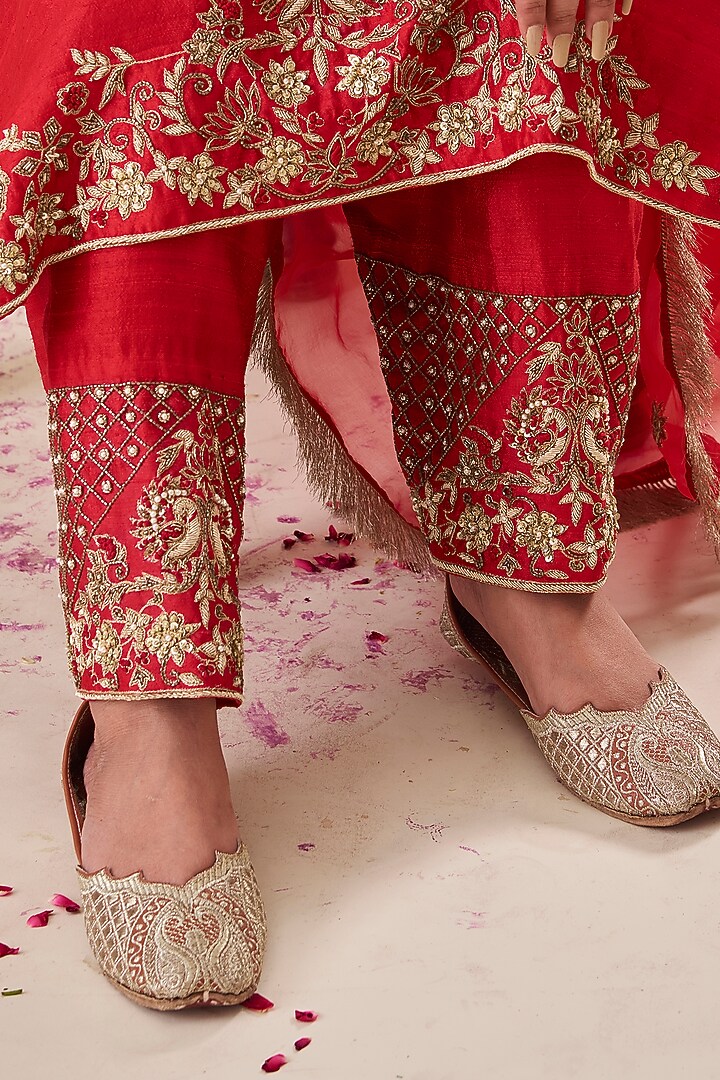 Red Pure Raw Silk Zardosi Hand Embroidered Kurta Set by Radhika Nandwani at Pernia's Pop Up Shop
