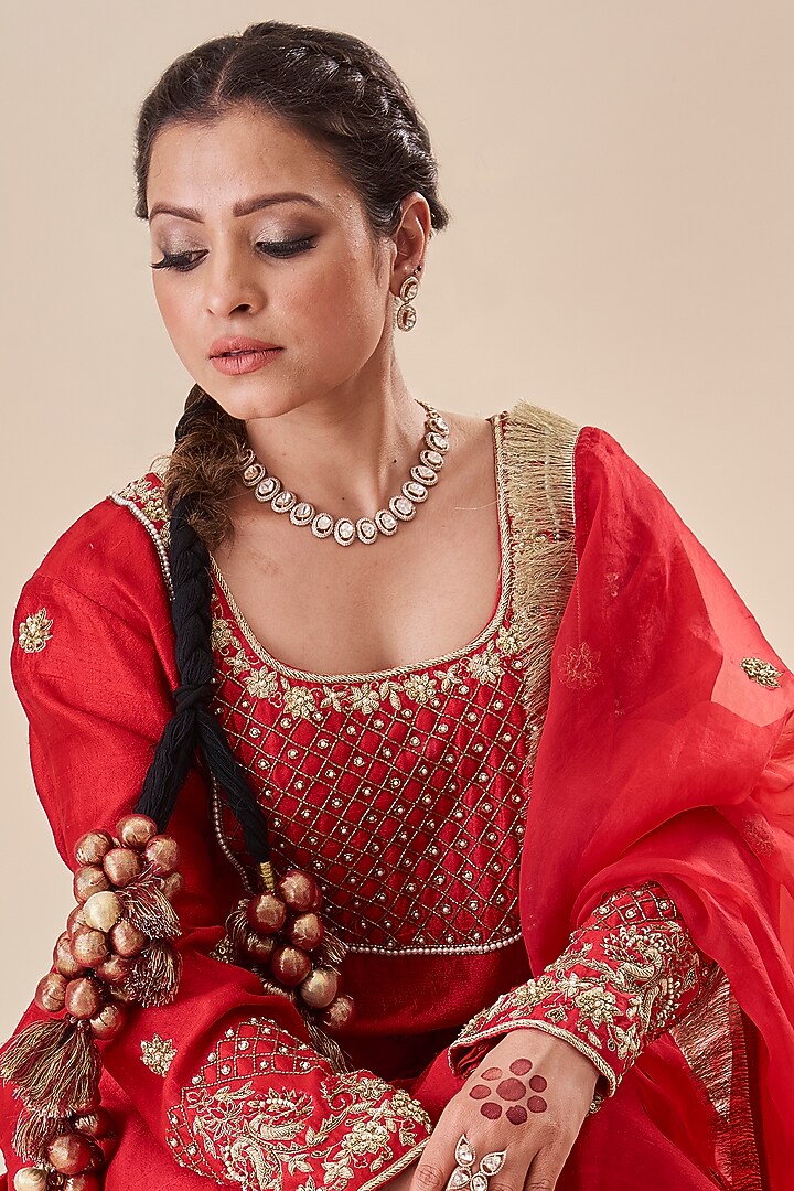 Red Pure Raw Silk Zardosi Hand Embroidered Kurta Set by Radhika Nandwani at Pernia's Pop Up Shop
