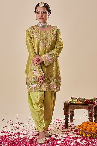 Green Silk Zari Embroidered Kurta Set by Radhika Nandwani