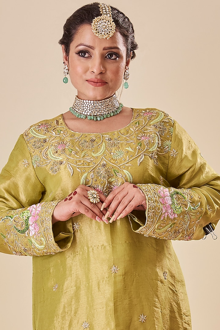 Green Silk Zari Embroidered Kurta Set by Radhika Nandwani at Pernia's Pop Up Shop