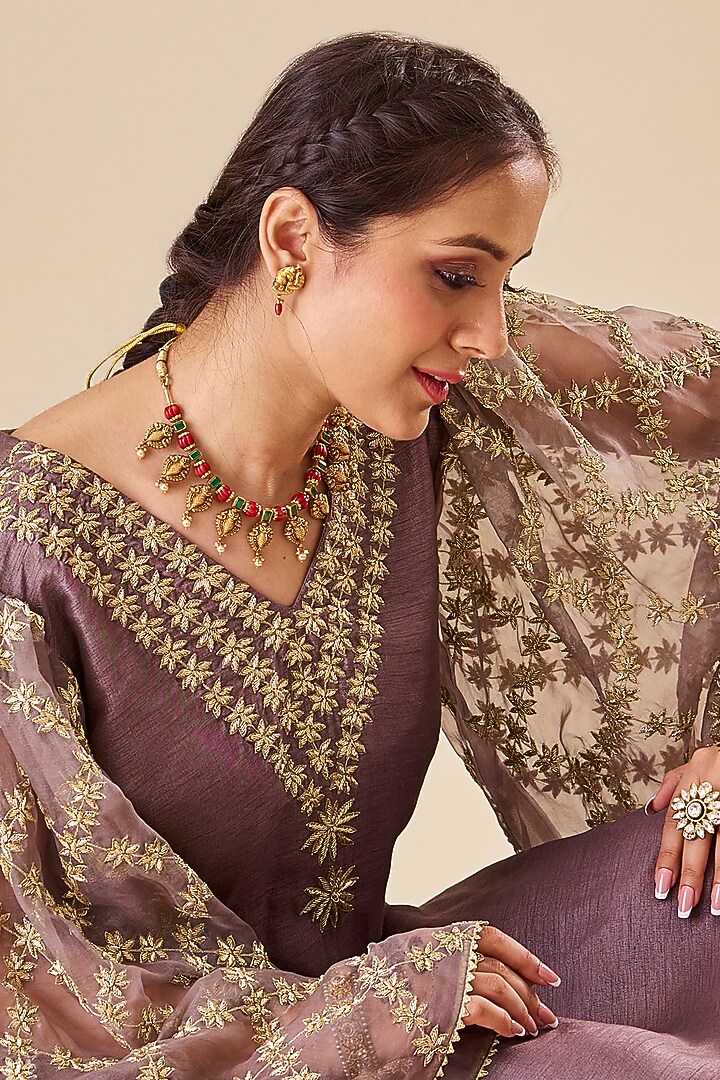 Grey Raw Silk Hand Embroidered Kurta Set by Radhika Nandwani at Pernia's Pop Up Shop