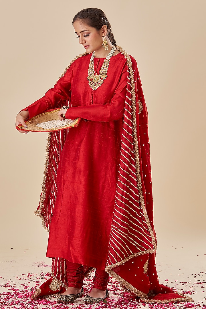 Red Pure Raw Silk Kurta Set by Radhika Nandwani