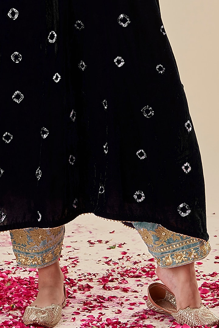 Indigo Velvet Embroidered Bandhani Kaftan Set by Radhika Nandwani at Pernia's Pop Up Shop