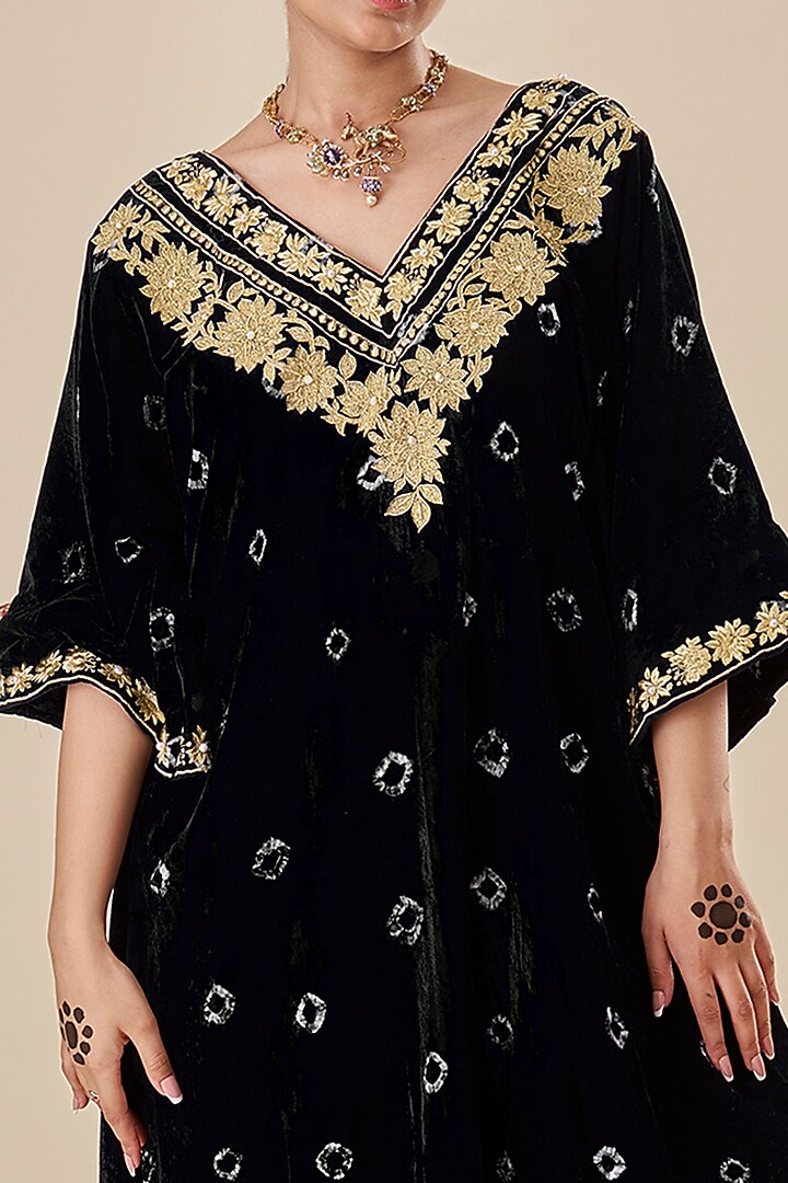 Indigo Velvet Embroidered Bandhani Kaftan Set by Radhika Nandwani at Pernia's Pop Up Shop
