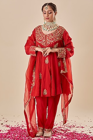 Red Crepe Zardosi Hand Embroidered Kurta Set by Radhika Nandwani