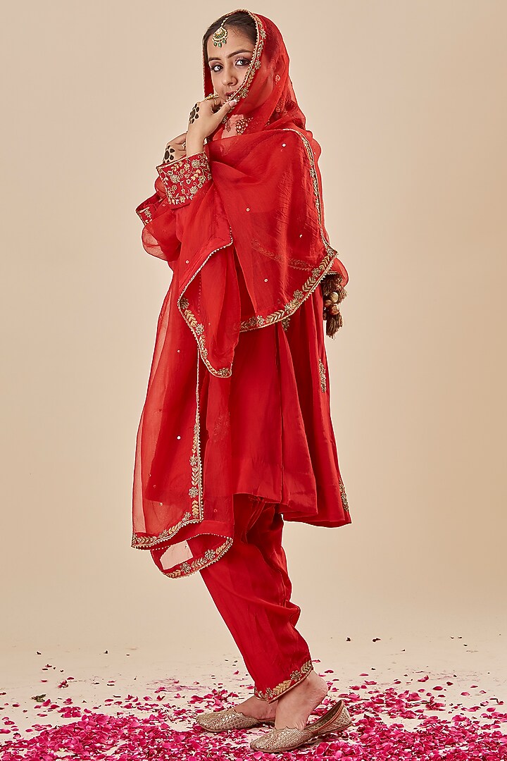 Red Crepe Zardosi Hand Embroidered Kurta Set by Radhika Nandwani at Pernia's Pop Up Shop