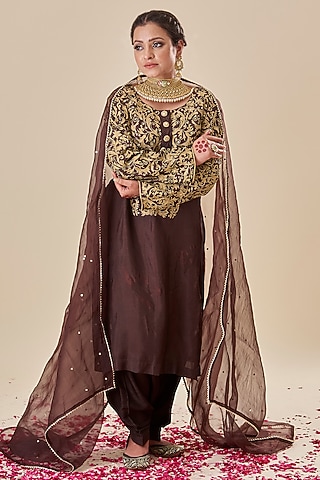 Brown Silk Embroidered Kurta Set by Radhika Nandwani