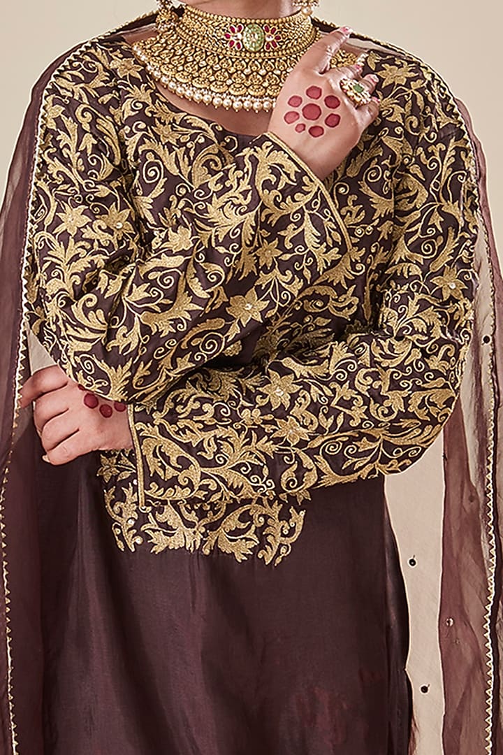 Brown Silk Embroidered Kurta Set by Radhika Nandwani at Pernia's Pop Up Shop