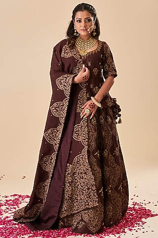 Brown Pure Raw Silk Lehenga Set by Radhika Nandwani