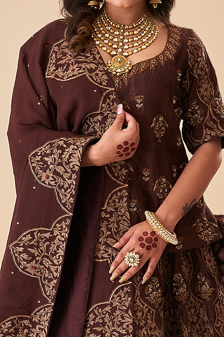 Brown Pure Raw Silk Bridal Lehenga Set by Radhika Nandwani at Pernia's Pop Up Shop