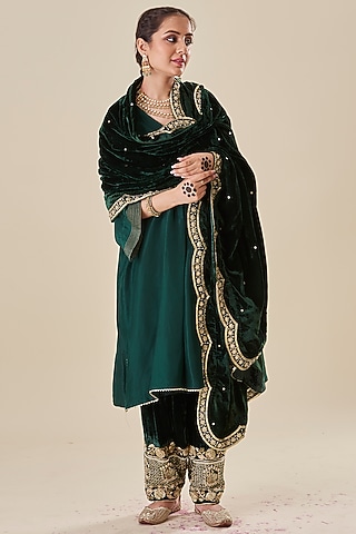 Green Silk A-line Kurta Set by Radhika Nandwani