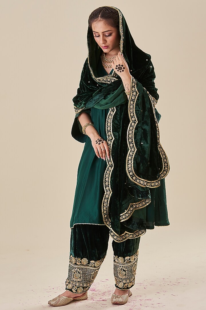 Green Silk A-line Kurta Set by Radhika Nandwani at Pernia's Pop Up Shop