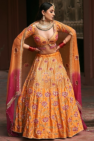 Orange Pure Raw Silk Zardosi Embroidered Lehenga Set by Radhika Nandwani