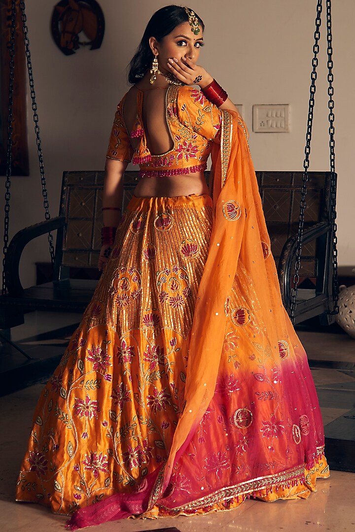 Orange Pure Raw Silk Zardosi Embroidered Bridal Lehenga Set by Radhika Nandwani at Pernia's Pop Up Shop