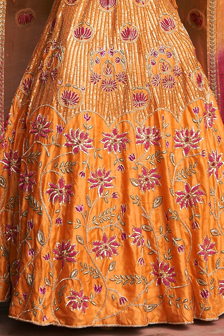 Orange Pure Raw Silk Zardosi Embroidered Bridal Lehenga Set by Radhika Nandwani at Pernia's Pop Up Shop