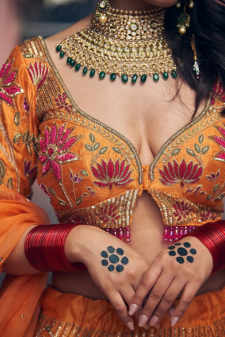 Orange Pure Raw Silk Zardosi Embroidered Bridal Lehenga Set by Radhika Nandwani at Pernia's Pop Up Shop