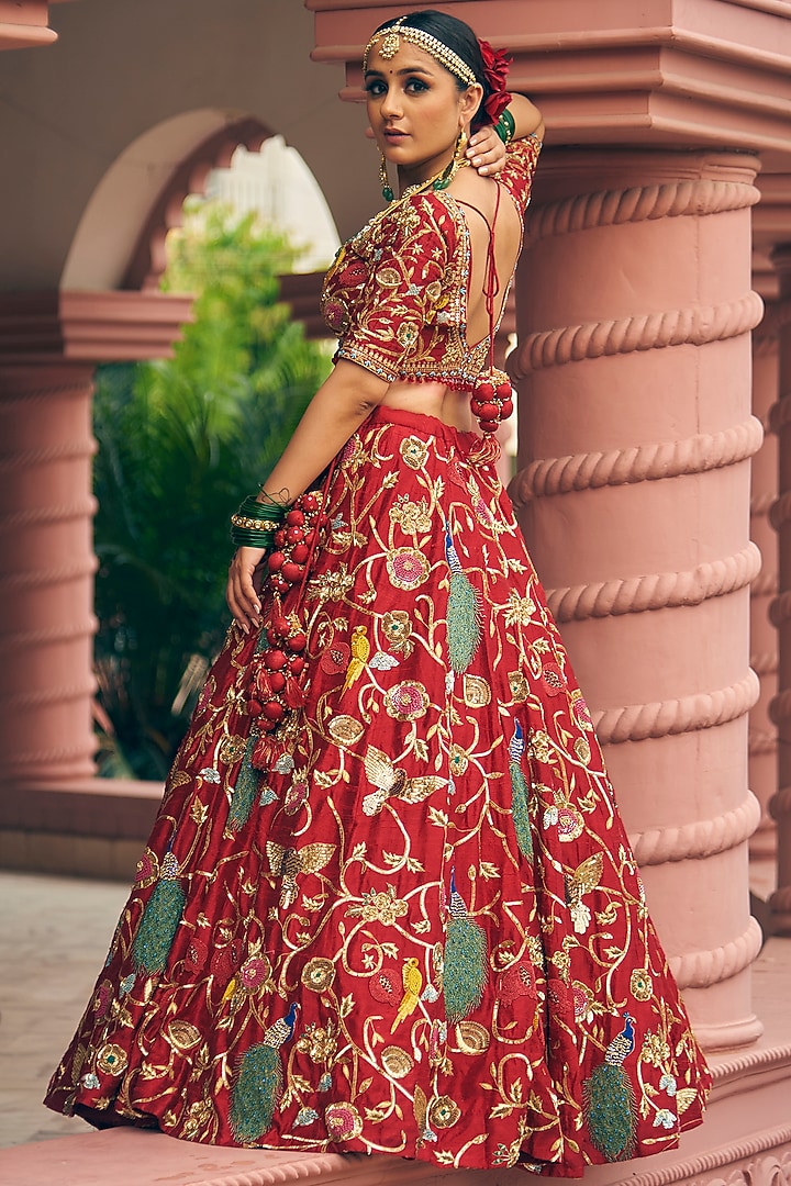 Red Pure Raw Silk Zardosi Embroidered Bridal Lehenga Set by Radhika Nandwani at Pernia's Pop Up Shop