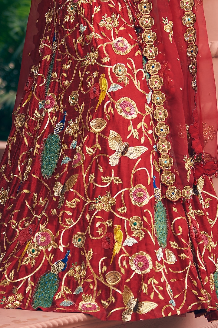 Red Pure Raw Silk Zardosi Embroidered Bridal Lehenga Set by Radhika Nandwani at Pernia's Pop Up Shop