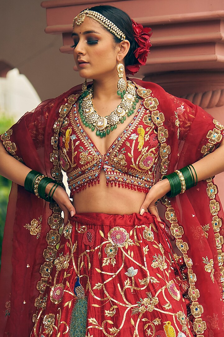 Red Pure Raw Silk Zardosi Embroidered Bridal Lehenga Set by Radhika Nandwani at Pernia's Pop Up Shop