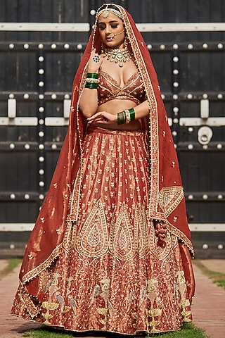 Rust Zari Zardosi Embroidered Lehenga Set by Radhika Nandwani