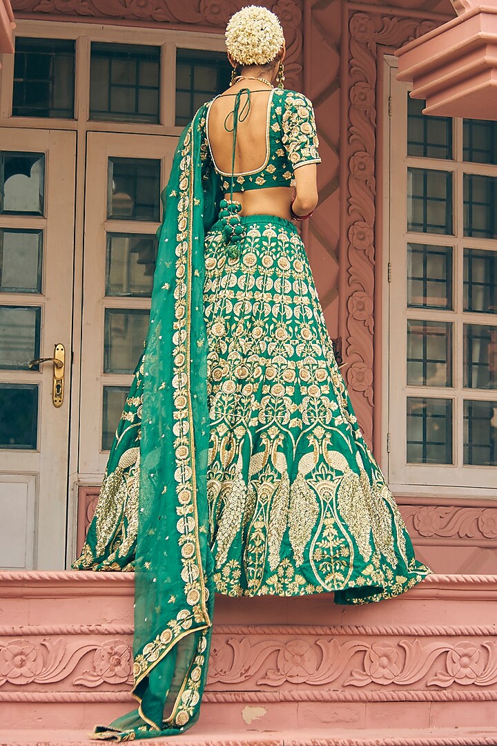 Green Raw Silk Zardosi Embroidered Bridal Lehenga Set by Radhika Nandwani at Pernia's Pop Up Shop