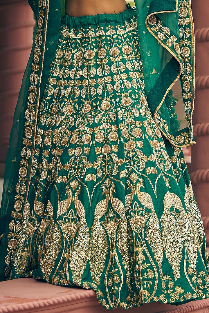Green Raw Silk Zardosi Embroidered Bridal Lehenga Set by Radhika Nandwani at Pernia's Pop Up Shop
