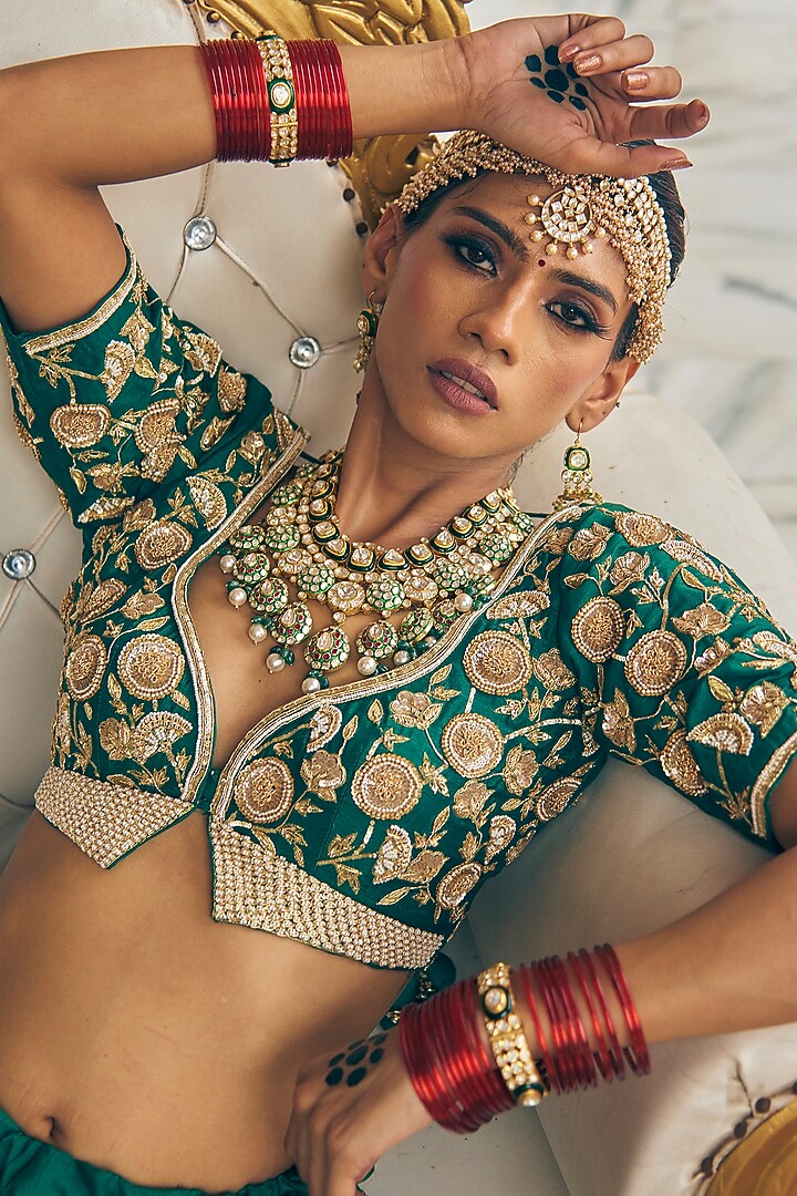 Green Raw Silk Zardosi Embroidered Bridal Lehenga Set by Radhika Nandwani at Pernia's Pop Up Shop
