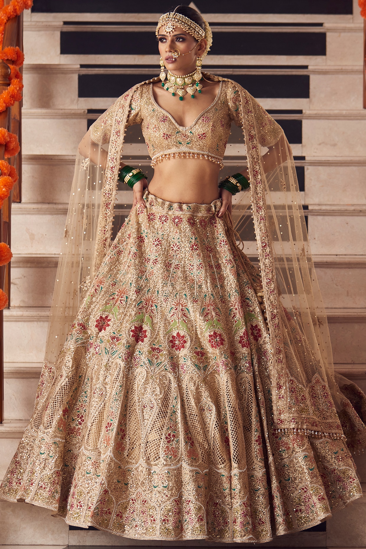 Beige Lengha w/ Resham, Pearl & Sequins: Modern Indian Dresses in USA – B  Anu Designs
