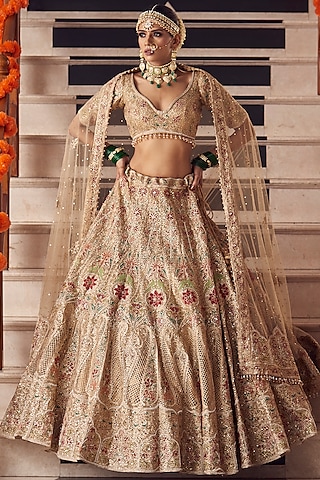 Beige Net Applique & Pearl Embroidered Lehenga Set by Radhika Nandwani