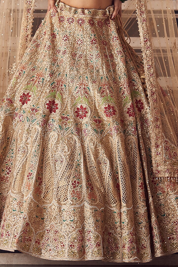 Beige Net Applique & Pearl Embroidered Bridal Lehenga Set by Radhika Nandwani at Pernia's Pop Up Shop