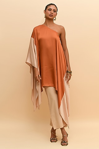 Tan Orange & Beige Modal One-Shoulder Kaftan by RdotY by Rishi & Vibhuti