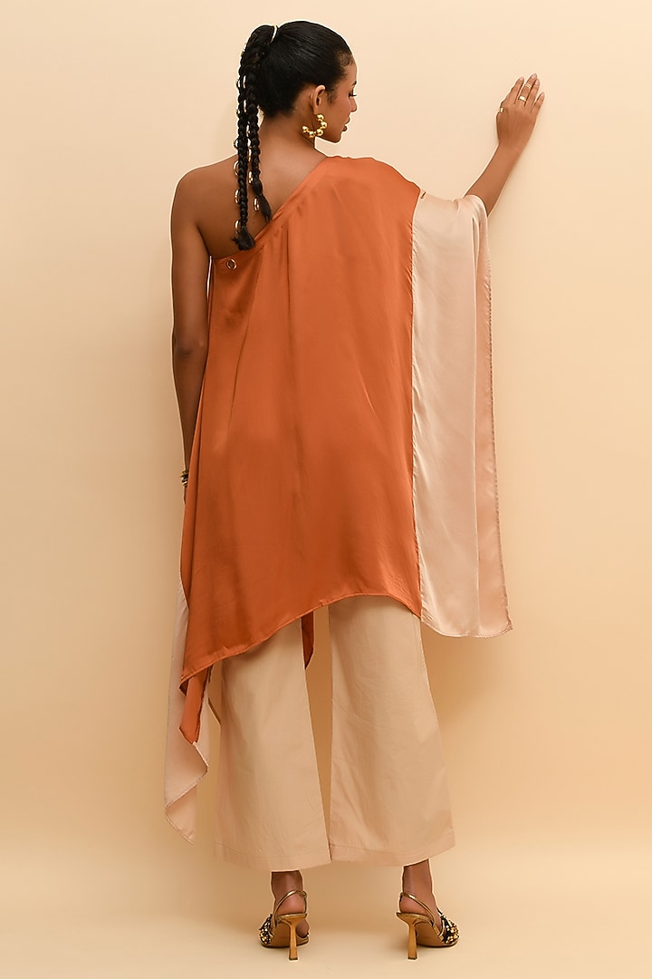 Tan Orange & Beige Modal One-Shoulder Kaftan by RdotY by Rishi & Vibhuti at Pernia's Pop Up Shop