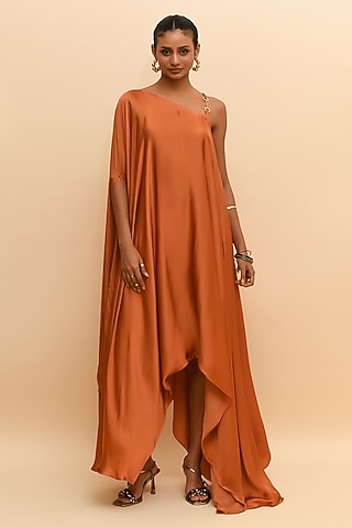 Tan Orange Modal One-Shoulder Draped Maxi Dress by RdotY by Rishi & Vibhuti