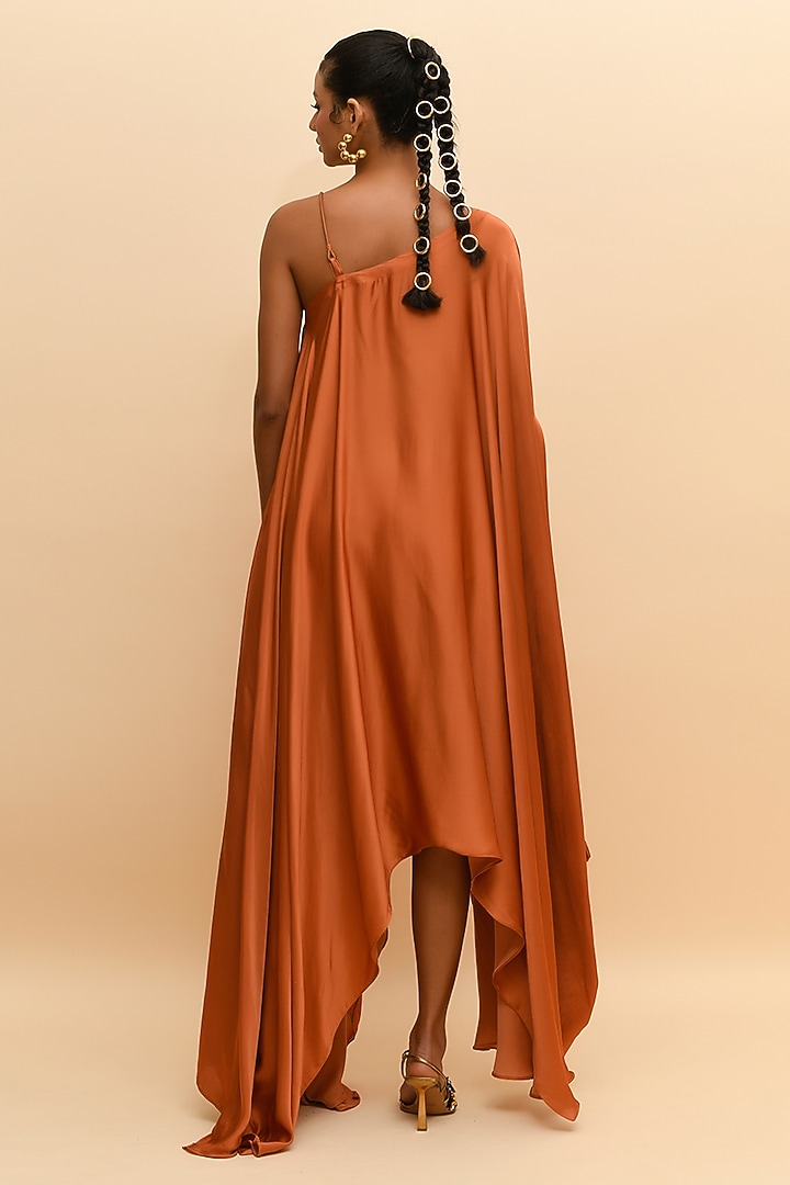 Tan Orange Modal One-Shoulder Draped Maxi Summer Dress by RdotY by Rishi & Vibhuti at Pernia's Pop Up Shop