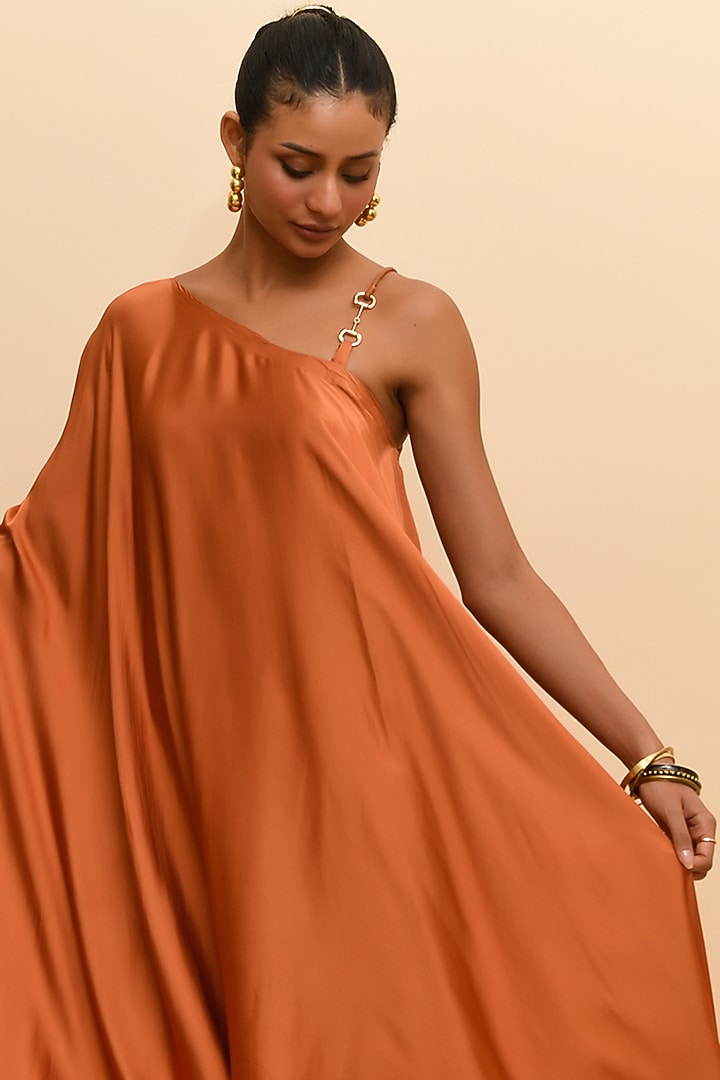 Tan Orange Modal One-Shoulder Draped Maxi Summer Dress by RdotY by Rishi & Vibhuti at Pernia's Pop Up Shop