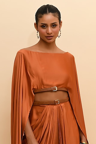 Tan Orange Modal Flared Crop Top by RdotY by Rishi & Vibhuti