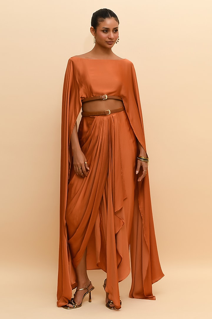 Tan Orange Modal Flared Crop Top by RdotY by Rishi & Vibhuti at Pernia's Pop Up Shop