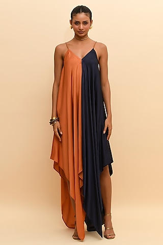 Tan Orange & Blue Modal Flared Maxi Dress by RdotY by Rishi & Vibhuti