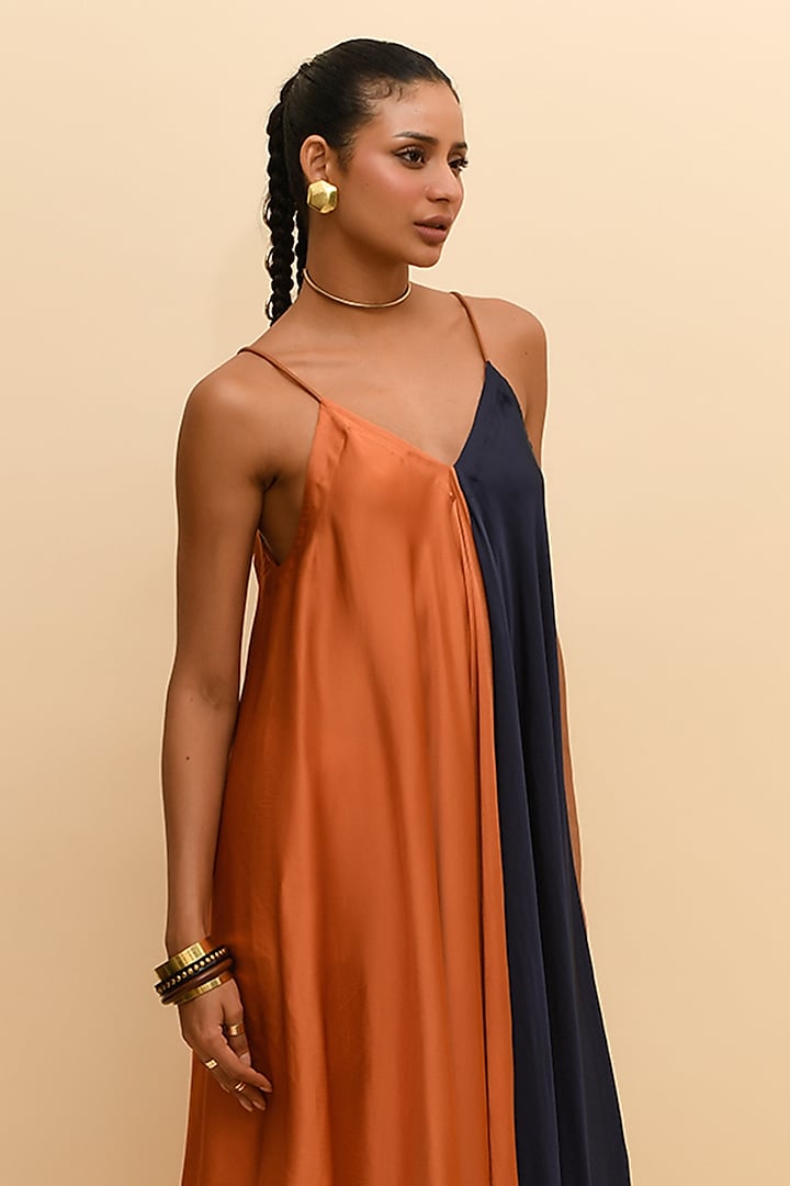 Tan Orange & Blue Modal Flared Maxi Summer Dress by RdotY by Rishi & Vibhuti at Pernia's Pop Up Shop