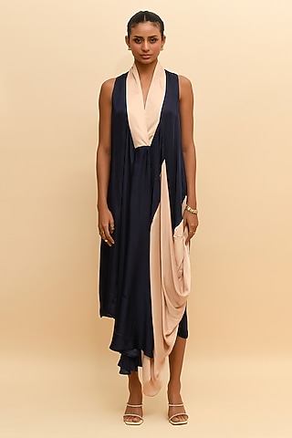 Blue & Beige Modal Cowl Midi Dress by RdotY by Rishi & Vibhuti