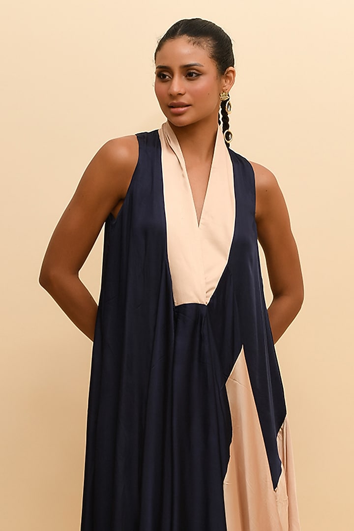 Blue & Beige Modal Cowl Midi Summer Dress by RdotY by Rishi & Vibhuti at Pernia's Pop Up Shop