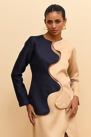 Blue & Beige Modal Asymmetric Blazer by RdotY by Rishi & Vibhuti