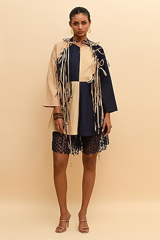 Blue & Beige Modaal Flared Mini Dress by RdotY by Rishi & Vibhuti