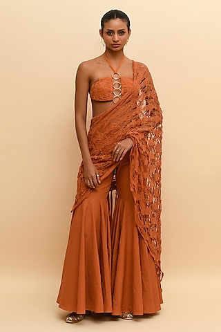 Tan Orange Modal Pleated Draped Pant Saree by RdotY by Rishi & Vibhuti